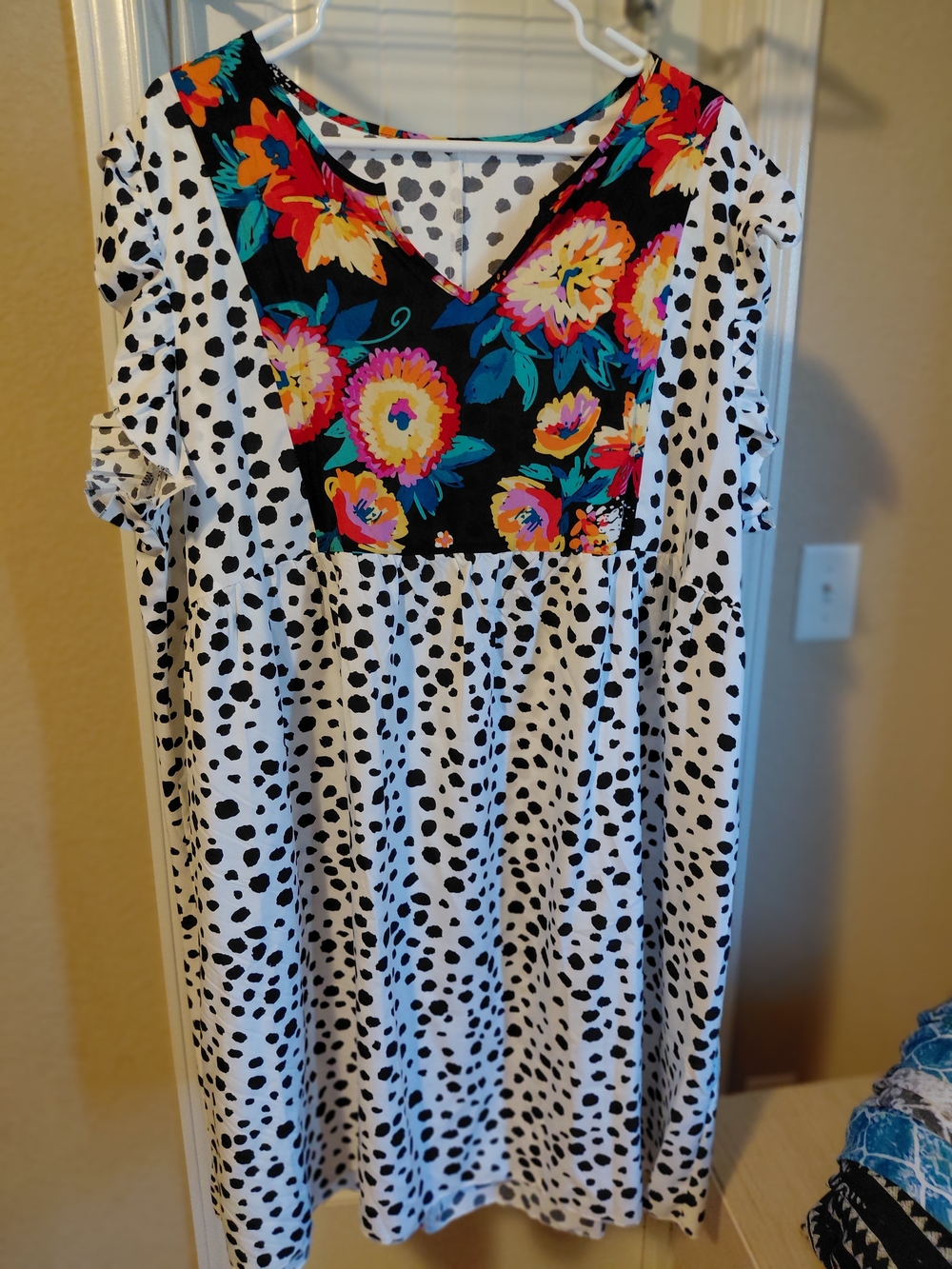 Black & White Dalmatian Print Dress with Bright Floral Yoke